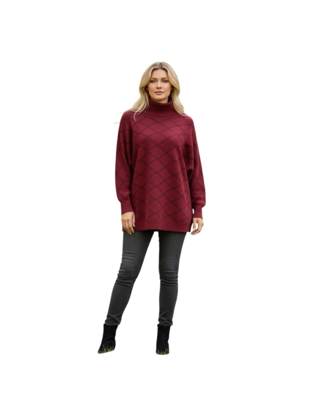 Liz Claiborne Plus Size Burgundy Diamond-Pattern Turtleneck Sweater XXL